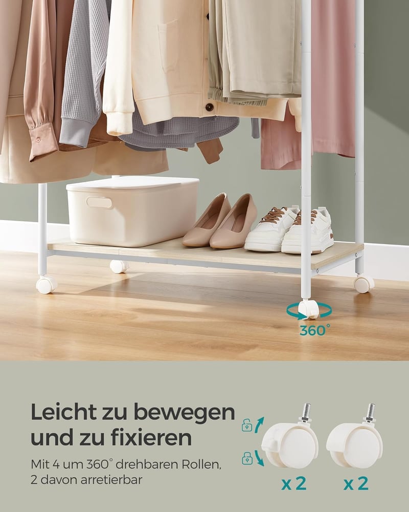 SONGMICS HSR152W01 Ruhaállvány kerekeken polccal 98,5 cm széles 100 kg terhelhetőség - Natural Beige + Cloud White, 2 poles