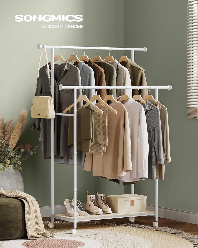 SONGMICS HSR152W01 Ruhaállvány kerekeken polccal 98,5 cm széles 100 kg terhelhetőség - Natural Beige + Cloud White, 2 poles