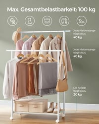 SONGMICS HSR152W01 Ruhaállvány kerekeken polccal 98,5 cm széles 100 kg terhelhetőség - Natural Beige + Cloud White, 2 poles 3