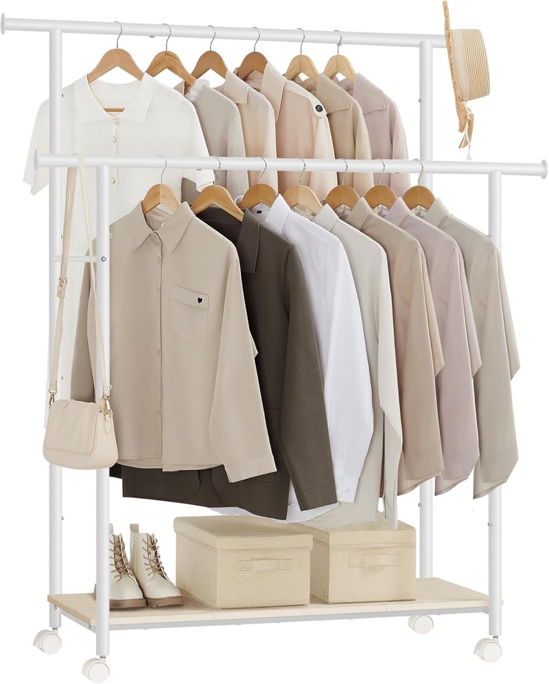 SONGMICS HSR152W01 Ruhaállvány kerekeken polccal 98,5 cm széles 100 kg terhelhetőség - Natural Beige + Cloud White, 2 poles