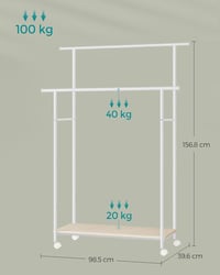 SONGMICS HSR152W01 Ruhaállvány kerekeken polccal 98,5 cm széles 100 kg terhelhetőség - Natural Beige + Cloud White, 2 poles 6
