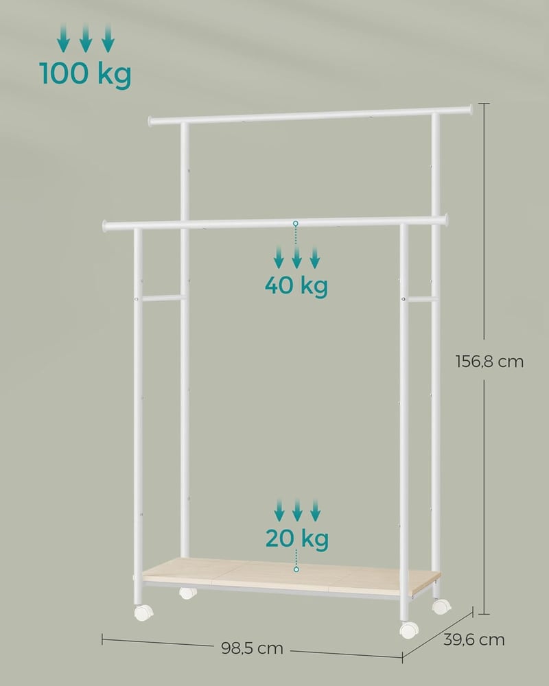 SONGMICS HSR152W01 Ruhaállvány kerekeken polccal 98,5 cm széles 100 kg terhelhetőség - Natural Beige + Cloud White, 2 poles