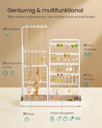 Stojan na šperky SONGMICS JJS026W01, kovový rám, zamatová tácka, výsuvný držiak na retiazky, 30,9 – 47,5 cm, matná biela 6