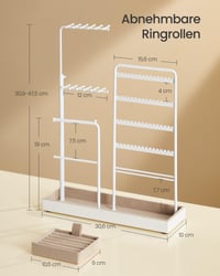 Stojan na šperky SONGMICS JJS026W01, kovový rám, zamatová tácka, výsuvný držiak na retiazky, 30,9 – 47,5 cm, matná biela 5