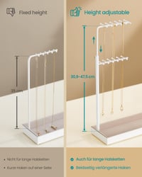 Stojan na šperky SONGMICS JJS026W01, kovový rám, zamatová tácka, výsuvný držiak na retiazky, 30,9 – 47,5 cm, matná biela 4