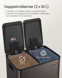 Coș de gunoi cu pedală pentru bucătărie SONGMICS, 2 x 30 L, 2 compartimente, oțel inoxidabil, cu găleți interioare, capac cu închidere lentă, gri ardezie 3