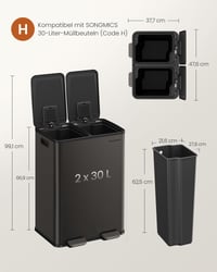 Coș de gunoi cu pedală pentru bucătărie SONGMICS, 2 x 30 L, 2 compartimente, oțel inoxidabil, cu găleți interioare, capac cu închidere lentă, gri ardezie 4