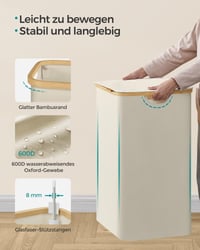 SONGMICS LCB513W01 Košara za rublje s poklopcem, 2 pretinca, 130 L, uklonjiva periva vreća, Oxford tkanina, ručke od bambusa, sklopiva, 5 7