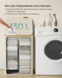 SONGMICS LCB513W01 Košara za rublje s poklopcem, 2 pretinca, 130 L, uklonjiva periva vreća, Oxford tkanina, ručke od bambusa, sklopiva, 5 3