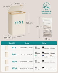 SONGMICS LCB513W01 Košara za rublje s poklopcem, 2 pretinca, 130 L, uklonjiva periva vreća, Oxford tkanina, ručke od bambusa, sklopiva, 5 6