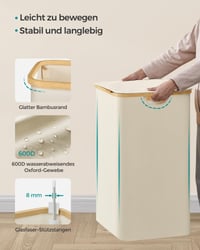 SONGMICS LCB515W01 Kôš na bielizeň s vekom, 3-dielny triedič bielizne, 150 l, vyberateľné vaky, oxfordská látka, bambusové úchyty, skladací 7