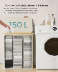 SONGMICS LCB515W01 Kôš na bielizeň s vekom, 3-dielny triedič bielizne, 150 l, vyberateľné vaky, oxfordská látka, bambusové úchyty, skladací 3