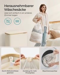SONGMICS LCB515W01 Kôš na bielizeň s vekom, 3-dielny triedič bielizne, 150 l, vyberateľné vaky, oxfordská látka, bambusové úchyty, skladací 5