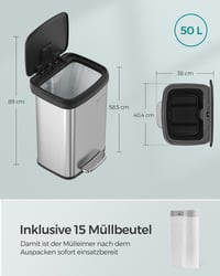 SONGMICS LTB530E50 pedálový kovový odpadkový kôš s vekom, 50 litrov, vysoký a úzky dizajn, strieborno-čierny 4