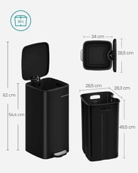 SONGMICS LTB593B02 Kanta za smeće s pedalom 30 L, čelik, s unutarnjom kantom, meko zatvaranje, tintano crna, PLUSHIC kolekcija 5