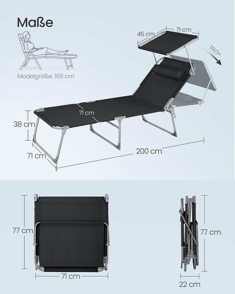 Songmics napozóágy 200cm, összecsukható, 150kg terhelhetőség, napellenzővel
