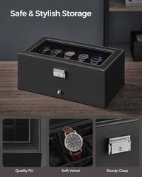 SONGMICS Óratartó Doboz 12 Órához, Üveges Kijelzővel, 2 Szintes, Zárható Fiókkal, Fekete Bőr - 12 Ranuras, Black 3