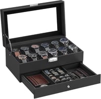 SONGMICS Óratartó Doboz 12 Órához, Üveges Kijelzővel, 2 Szintes, Zárható Fiókkal, Fekete Bőr - 12 Ranuras, Black 1