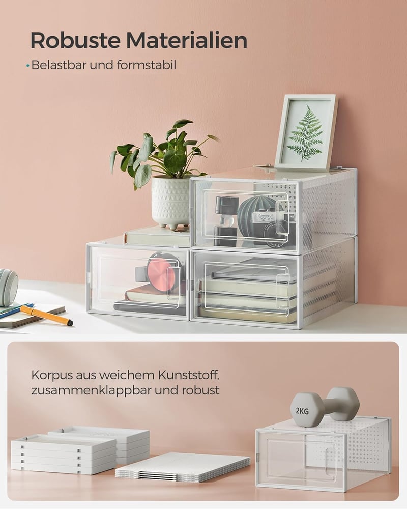 SONGMICS összecsukható cipőtartó doboz műanyag szerveződoboz rakható - 18er Set für Schuhe bis Größe 44, Transparent and White