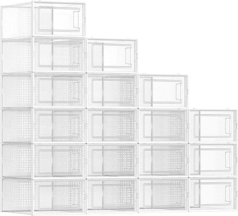 SONGMICS összecsukható cipőtartó doboz műanyag szerveződoboz rakható - 18er Set für Schuhe bis Größe 44, Transparent and White