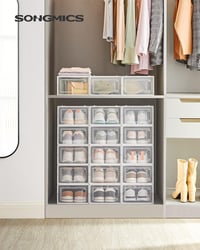 SONGMICS összecsukható cipőtartó doboz műanyag szerveződoboz rakható - 18er Set für Schuhe bis Größe 44, Transparent and White 2