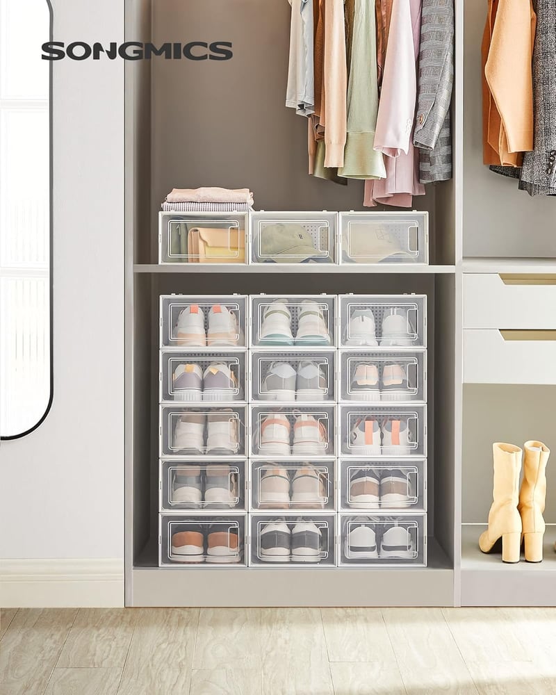 SONGMICS összecsukható cipőtartó doboz műanyag szerveződoboz rakható - 18er Set für Schuhe bis Größe 44, Transparent and White