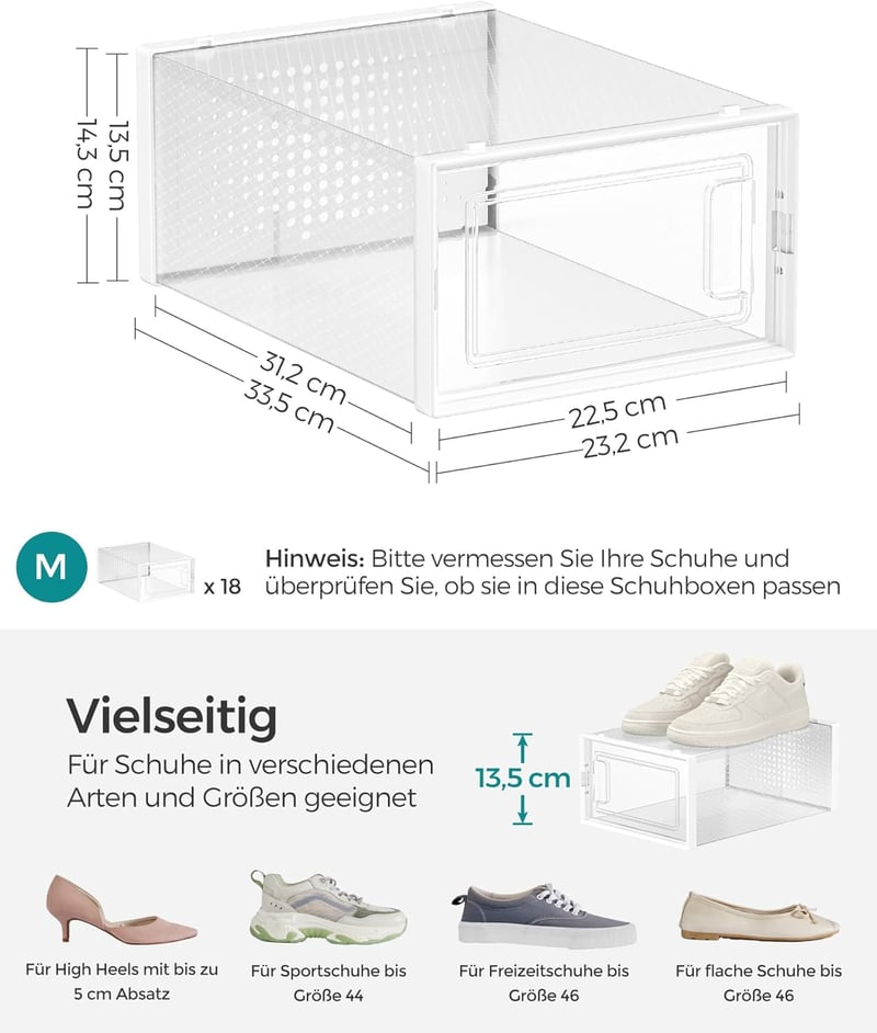 SONGMICS összecsukható cipőtartó doboz műanyag szerveződoboz rakható - 18er Set für Schuhe bis Größe 44, Transparent and White