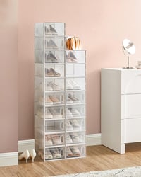 SONGMICS összecsukható cipőtartó doboz műanyag szerveződoboz rakható - 18er Set für Schuhe bis Größe 44, Transparent and White 3