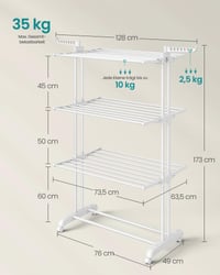 SONGMICS Skladací sušiak na bielizeň s kolieskami, 4-poschodový, s vyklápacími krídlami, 63,5 x 128 x 173 cm, biely LLR701W03 5