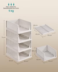 SONGMICS Összecsukható Szekrény Rendszerező 4 db, Csúsztatható Egymásba Rakható Kosár, Műanyag Tároló Polc, Hálószobába, Irodába, Fürdőszobába, Fehér 6