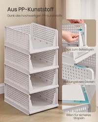 SONGMICS Összecsukható Szekrény Rendszerező 4 db, Csúsztatható Egymásba Rakható Kosár, Műanyag Tároló Polc, Hálószobába, Irodába, Fürdőszobába, Fehér 4