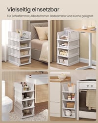SONGMICS Összecsukható Szekrény Rendszerező 4 db, Csúsztatható Egymásba Rakható Kosár, Műanyag Tároló Polc, Hálószobába, Irodába, Fürdőszobába, Fehér 5