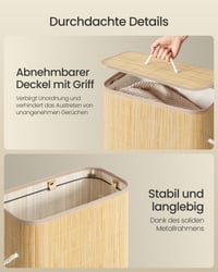 SONGMICS Összecsukható Szennyestartó Fedéllel, 60 L, Bambusz, 40x22x70 cm, Természetes Színű 6