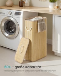 SONGMICS Összecsukható Szennyestartó Fedéllel, 60 L, Bambusz, 40x22x70 cm, Természetes Színű 3