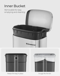 SONGMICS Pedálos Szemetes 30L, Rozsdamentes Acél Konyhai Hulladékgyűjtő Puha Záródású Fedéllel és Belső Vödörrel, Ezüst 5