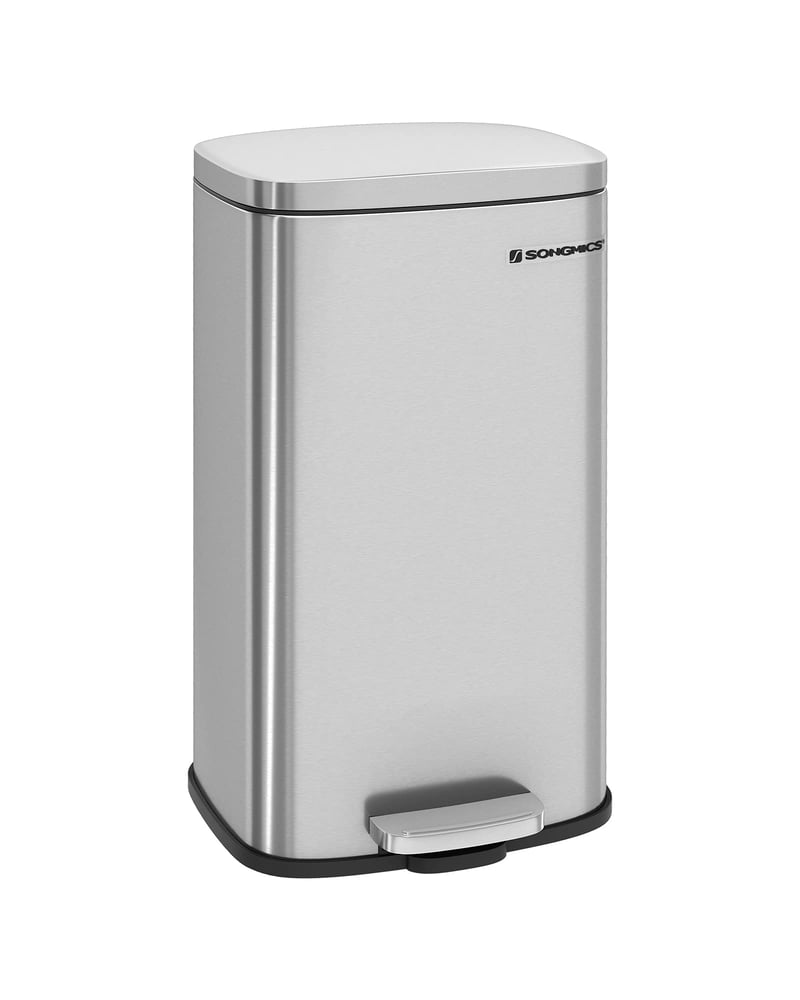 SONGMICS Pedálos Szemetes 30L, Rozsdamentes Acél Konyhai Hulladékgyűjtő Puha Záródású Fedéllel és Belső Vödörrel, Ezüst