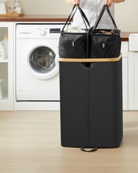 SONGMICS ROXANNE LCB523B01 Košara za rublje s 2 odjeljka, 150 litara, košara za rublje s poklopcem i uklonjivim vrećama, crna i prirodna bež, 52 2