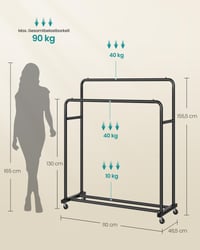 SONGMICS Stojan na šaty s 2 tyčami, kolieskami, nosnosťou 90 kg, mobilný stojan na oblečenie 5