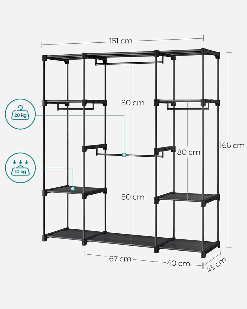 SONGMICS RYG036B02 Nyitott Gardrób 4 Rekesszel 166cm Fekete