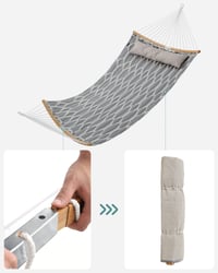 SONGMICS Prešívaná hojdacia sieť s odnímateľnou zakrivenou bambusovou tyčou a vankúšom, 200 x 140 cm, nosnosť 225 kg, sivo-béžový kosoštvorcový vzor 7