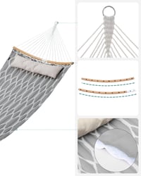 SONGMICS Prešívaná hojdacia sieť s odnímateľnou zakrivenou bambusovou tyčou a vankúšom, 200 x 140 cm, nosnosť 225 kg, sivo-béžový kosoštvorcový vzor 6