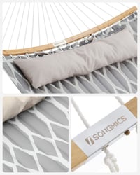 SONGMICS Prešívaná hojdacia sieť s odnímateľnou zakrivenou bambusovou tyčou a vankúšom, 200 x 140 cm, nosnosť 225 kg, sivo-béžový kosoštvorcový vzor 4