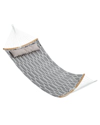 SONGMICS Prešívaná hojdacia sieť s odnímateľnou zakrivenou bambusovou tyčou a vankúšom, 200 x 140 cm, nosnosť 225 kg, sivo-béžový kosoštvorcový vzor 8