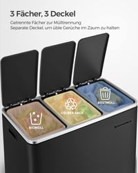 SONGMICS Odpadkový kôš na triedený odpad 3 x 18 l, 3-sekčný pedálový kôš s vnútornými nádobami, nehrdzavejúca oceľ odolná voči odtlačkom prstov, čierna, 54 l 3