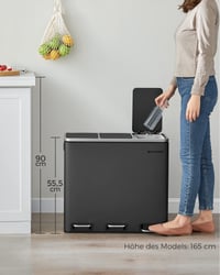 SONGMICS Odpadkový kôš na triedený odpad 3 x 18 l, 3-sekčný pedálový kôš s vnútornými nádobami, nehrdzavejúca oceľ odolná voči odtlačkom prstov, čierna, 54 l 8