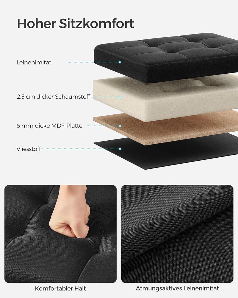 SONGMICS Tárhelyes Ülőke Fekete 31x41cm Összecsukható Puff Tárolódoboz 130kg