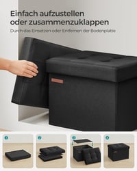 SONGMICS Tárhelyes Ülőke Fekete 31x41cm Összecsukható Puff Tárolódoboz 130kg 7