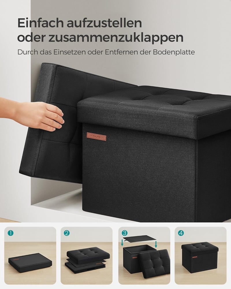 SONGMICS Tárhelyes Ülőke Fekete 31x41cm Összecsukható Puff Tárolódoboz 130kg