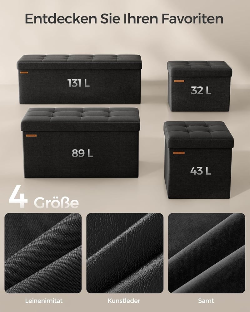SONGMICS Tárhelyes Ülőke Fekete 31x41cm Összecsukható Puff Tárolódoboz 130kg