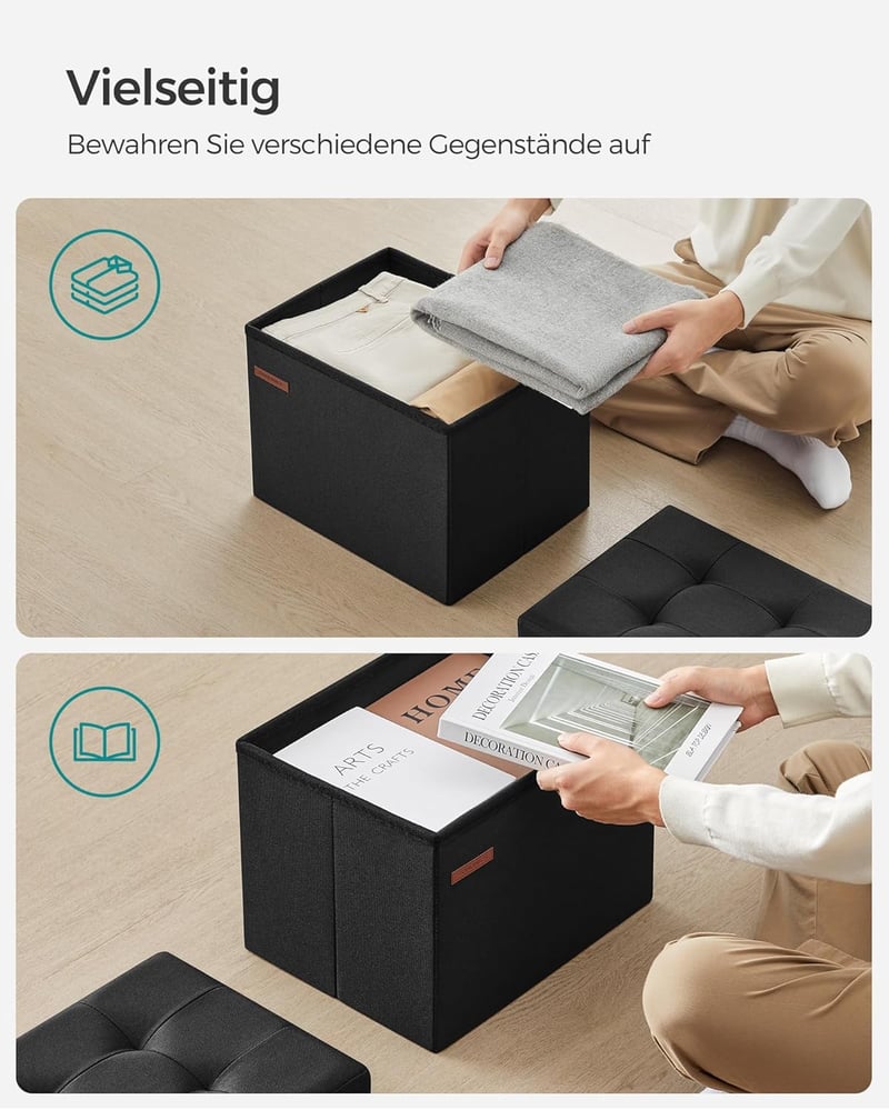 SONGMICS Tárhelyes Ülőke Fekete 31x41cm Összecsukható Puff Tárolódoboz 130kg